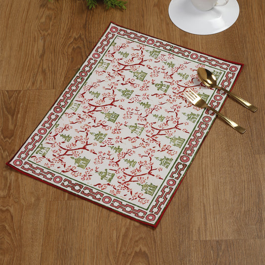 Red Cotton Temple Printed Placemat Set Of 4 - Ratan Cart