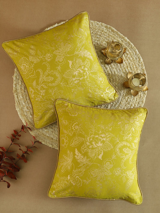 Mustard Cotton Floral Printed Cushion Cover Set Of 2