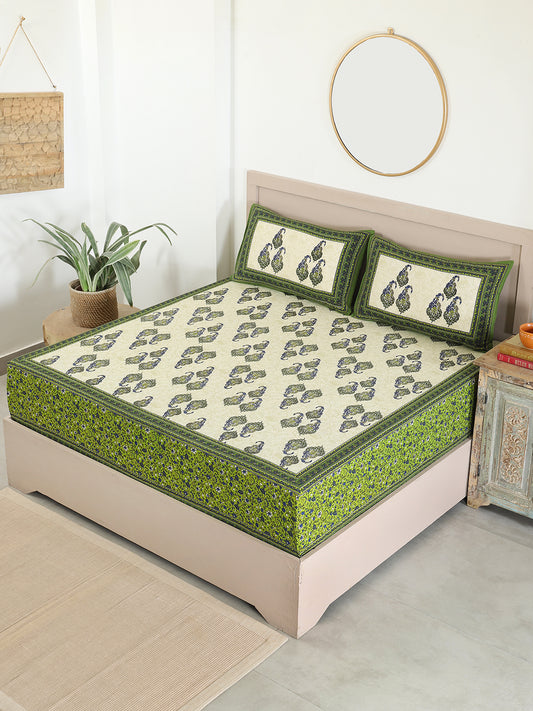 Green Cotton Paisley Printed Bedsheets For Double Bed Queen Size