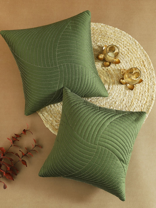 Green Poly Dupain Quilted Cushion Cover Set Of 2