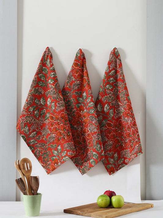 Rust Cotton Floral Printed Kitchen Towel Set Of 3
