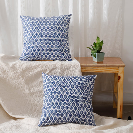 Blue Cotton Leaf Printed Cushion Cover Set Of 2 - Ratan Cart