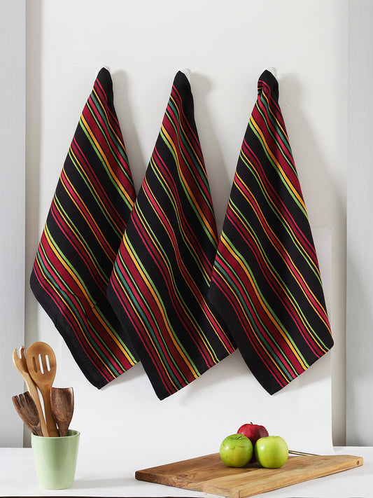 Black Cotton Stripe Printed Kitchen Towel Set Of 3