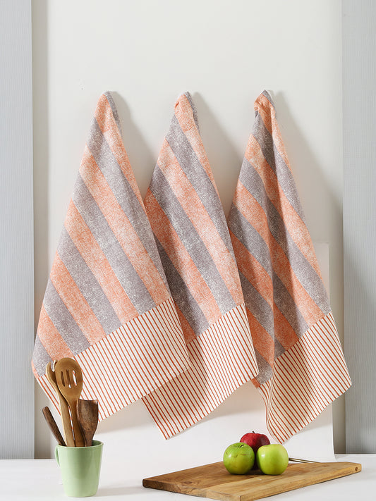 Peach Cotton Stripe Printed Kitchen Towel Set Of 3