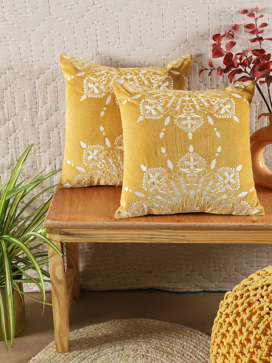 Mustard Velvet Embroidery Cushion Cover Set Of 2