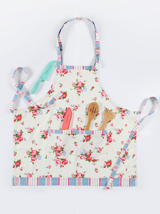 White Cotton Floral Printed Apron For Home Use