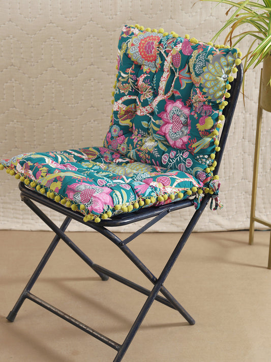 Teal Cotton Floral Printed 17x17 Inch Chair Pad Set Of 2