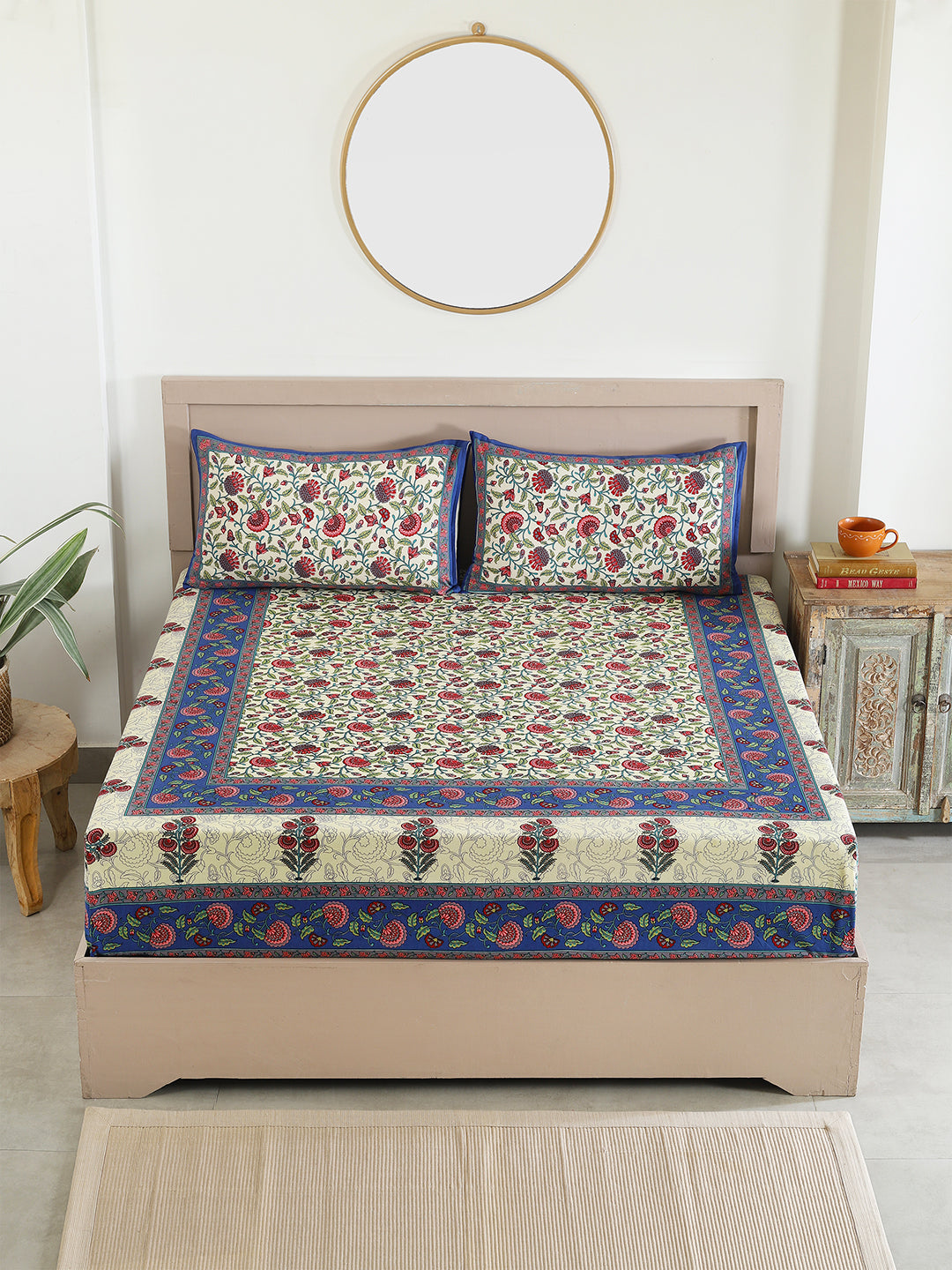 Blue Cotton Floral Printed Bedsheets For Double Bed Queen Size