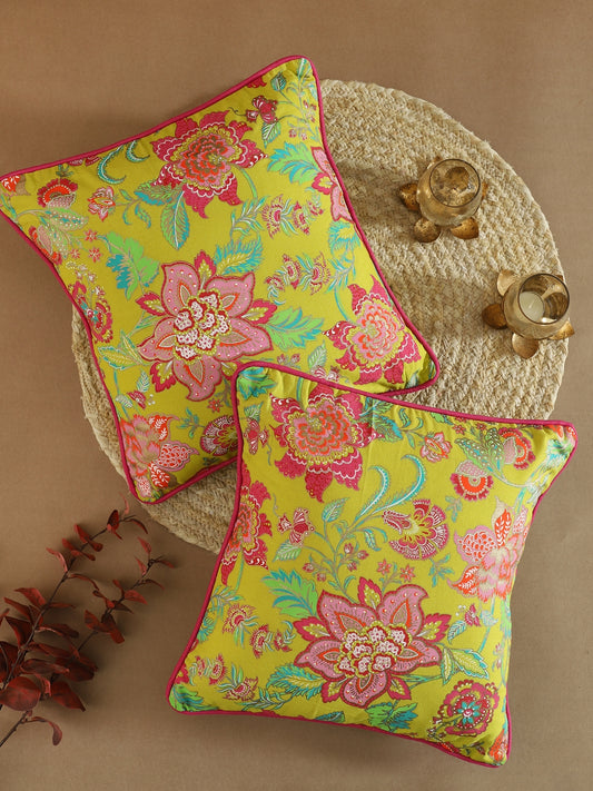 Yellow Cotton Floral Printed Cushion Cover Set Of 2
