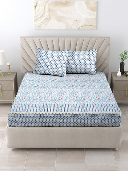 Blue Cotton Stencil Pattern 104x104 Inch King Size Bedsheet with Pillow Cover