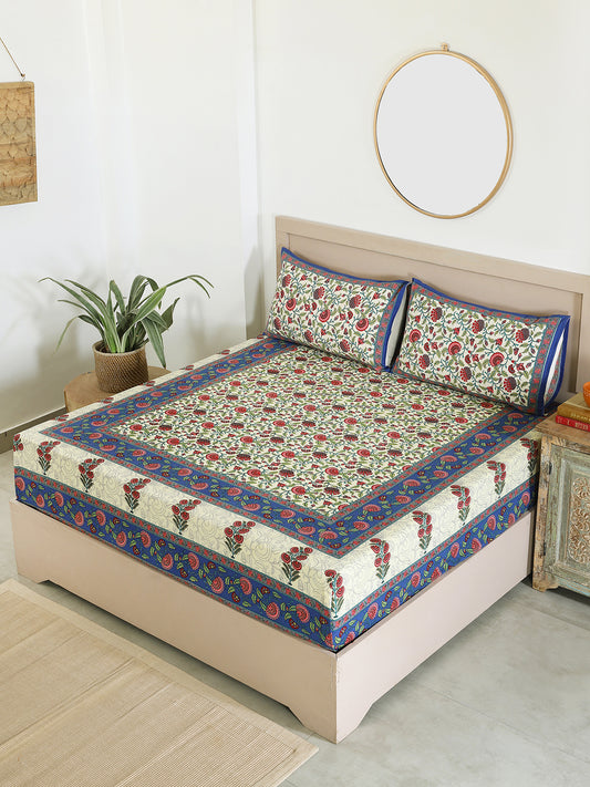 Blue Cotton Floral Printed Bedsheets For Double Bed Queen Size