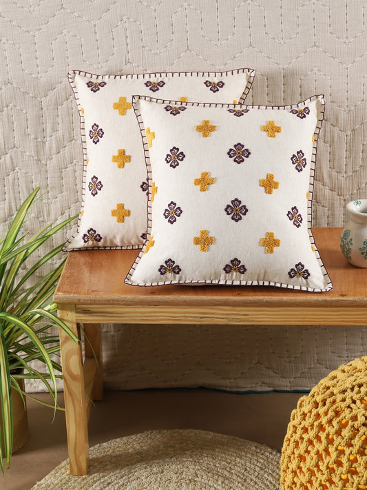 Coffee Brown Cotton Floral Embroidery Cushion Cover Set Of 2