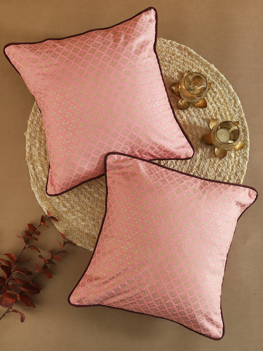 Pink Poly Dupain Booti Printed Cushion Cover Set Of 2
