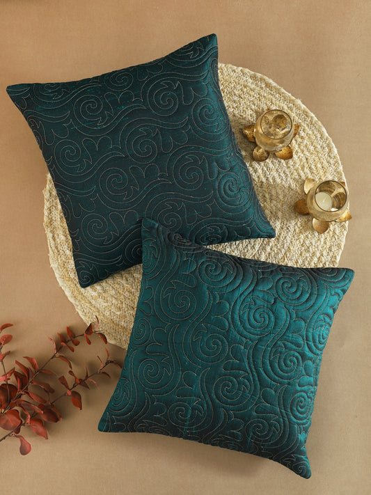 Green Poly Dupain Quilted Cushion Cover Set Of 2