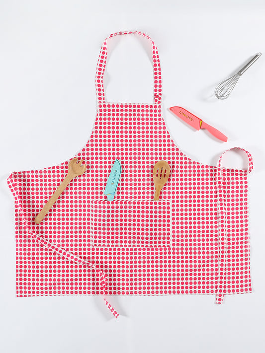 Red Cotton Polka Dot Printed Apron For Home Use