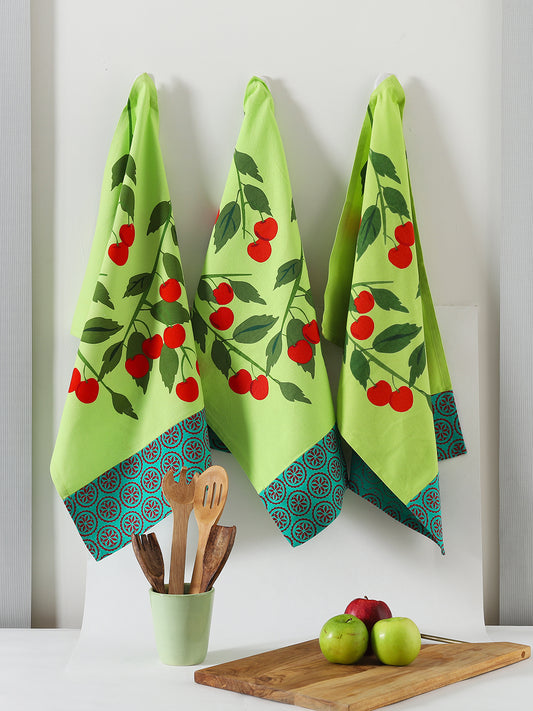 Green Cotton Fruit Printed Kitchen Towel Set Of 3