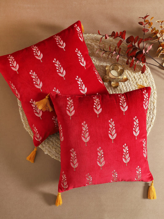 Red Velvet Bota Embroidery Cushion Cover Set Of 2