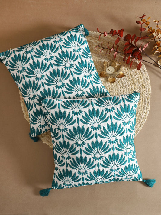 Teal Cotton Leaf Bota Embroidery Cushion Cover Set Of 2