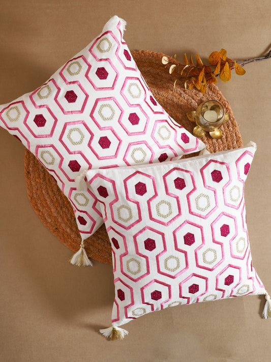 Pink Cotton Geometric Embroidery Cushion Cover Set Of 2