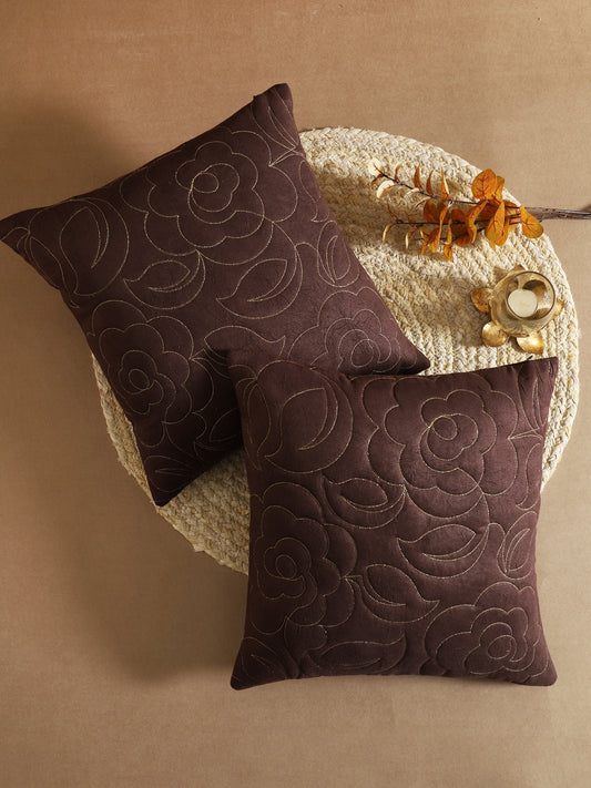 Coffee Brown Poly Suede Floral Quilting Cushion Cover Set Of 2
