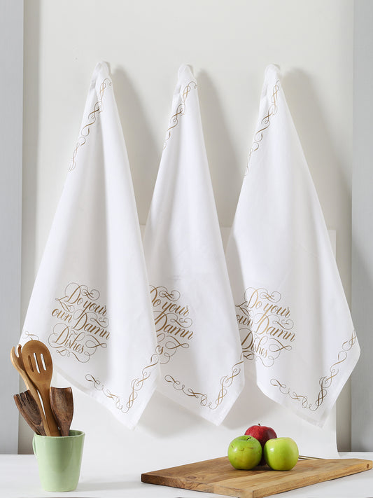 White Cotton Gold Printed Kitchen Towel Set Of 3