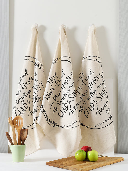 Beige Cotton Text Printed Kitchen Towel Set Of 3