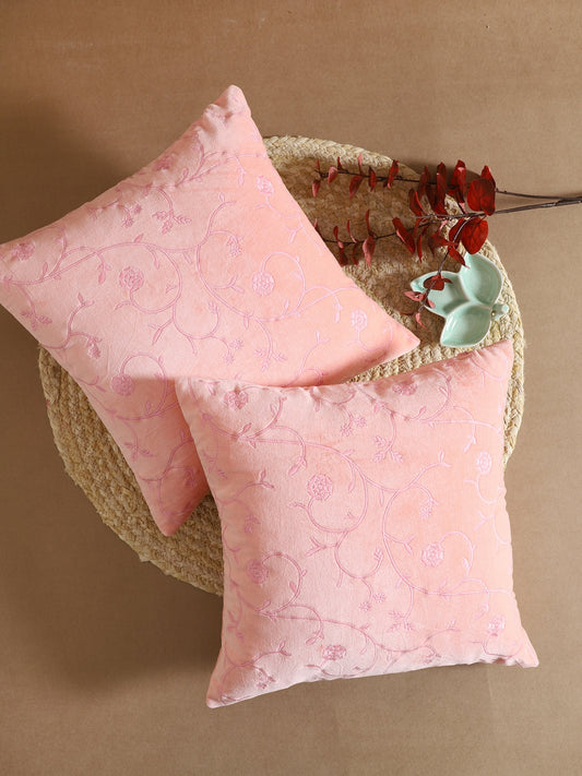 Pink Velvet Embroidery Cushion Cover Set Of 2