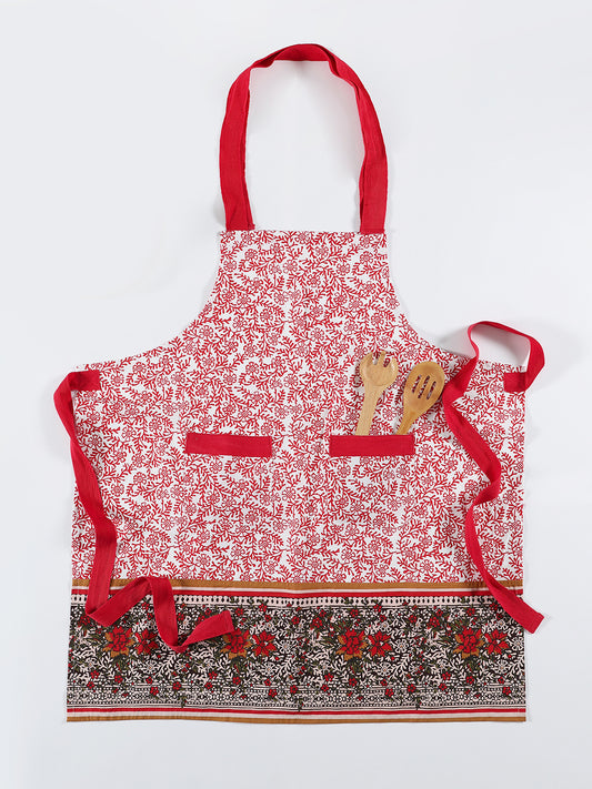 Red Cotton Floral Printed Apron For Home Use
