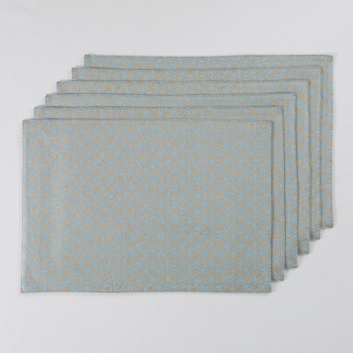 Light Blue Cotton Gold Paan Jaal Printed Placemat Set Of 6 - Ratan Cart