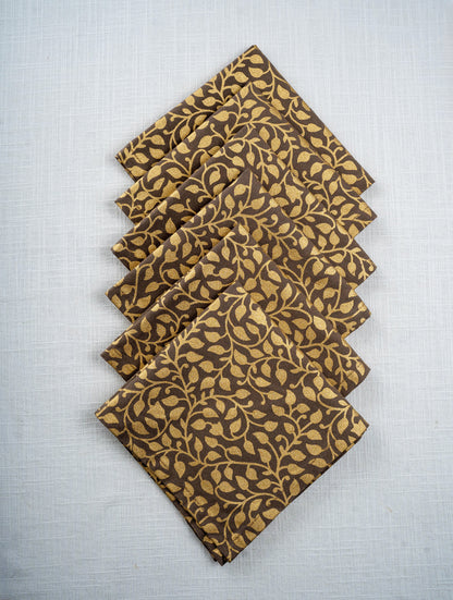 Brown Cotton Gold Leaf Printed 12X12 Inch Napkin Set of 6