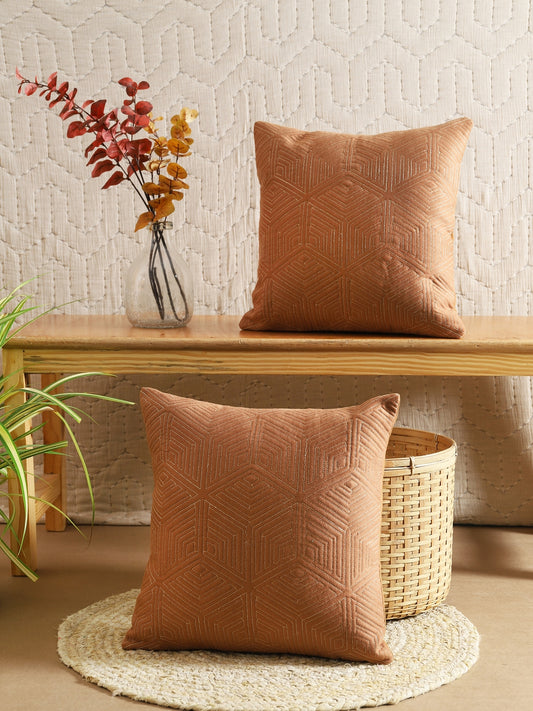 Brown Poly Suede Geometric Quilted Cushion Cover Set Of 2