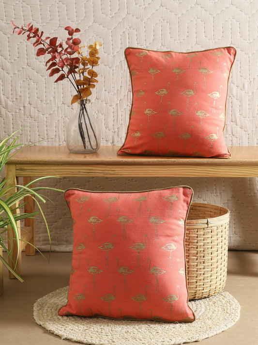 Pink Cotton Flamingo Printed Cushion Cover Set Of 2