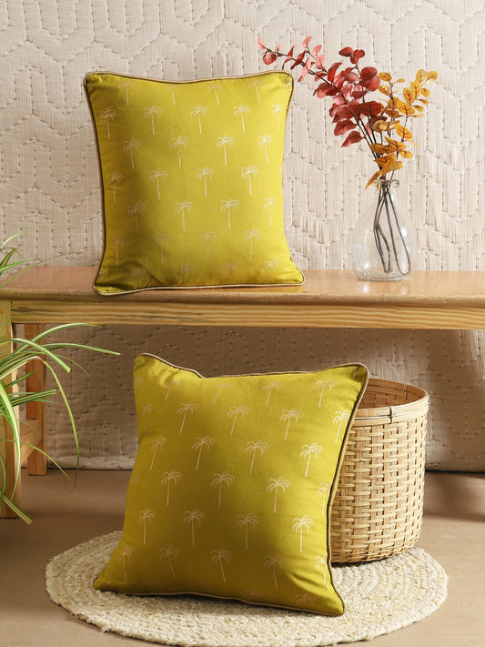 Mustard Cotton Tree Printed Cushion Cover Set Of 2