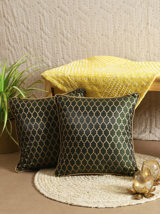 Green Poly Dupain Geometric Printed Cushion Cover Set Of 2