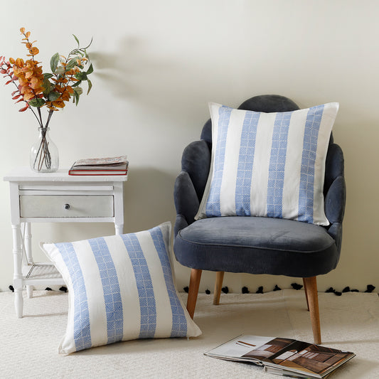 Blue Linen Striped Cushion Cover Set Of 2 - Ratan Cart
