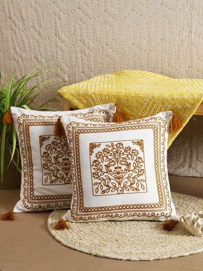 Yellow Cotton Floral Embroidery Cushion Cover Set Of 2