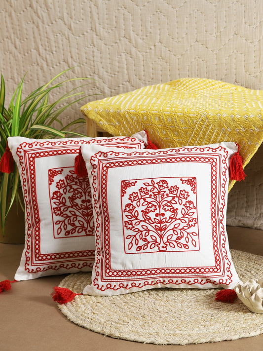 Red Cotton Floral Embroidery Cushion Cover Set Of 2