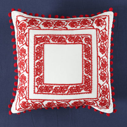 Red Cotton Floral Border Embroidery Cushion Cover Set Of 2