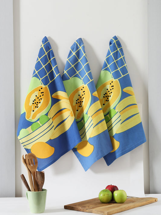 Blue Cotton Fruit Printed Kitchen Towel Set Of 3