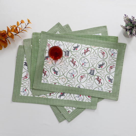 Set the table with style using this set of 6 premium-quality cotton placemats in refreshing green and white, adorned with cute animal prints.