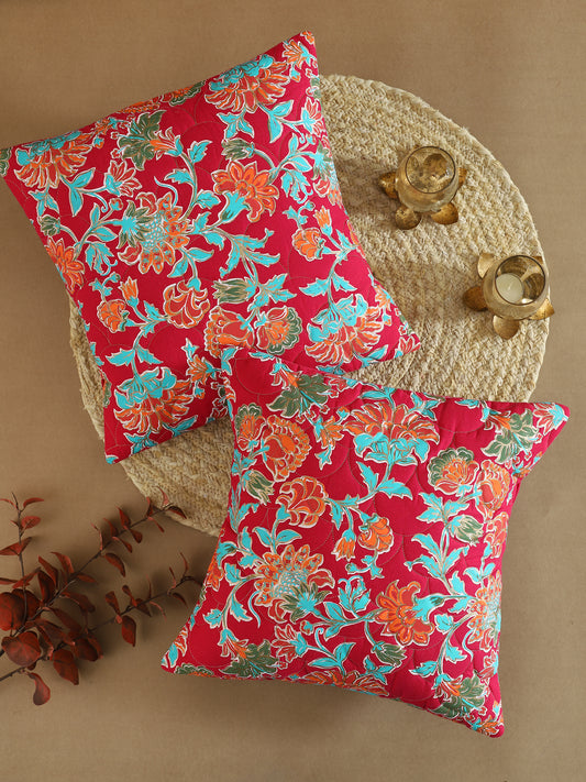 Pink Cotton Floral Printed Cushion Cover Set Of 2
