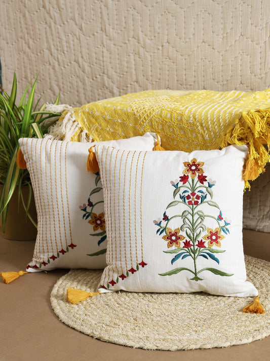 White Cotton Floral Embroidery Cushion Cover Set Of 2