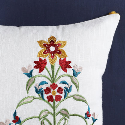 White Cotton Floral Embroidery Cushion Cover Set Of 2