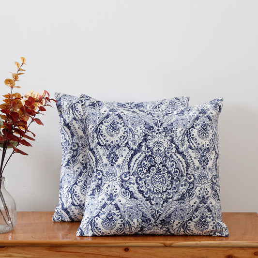 Blue Cotton Floral Printed Cushion Cover Set Of 2 - Ratan Cart