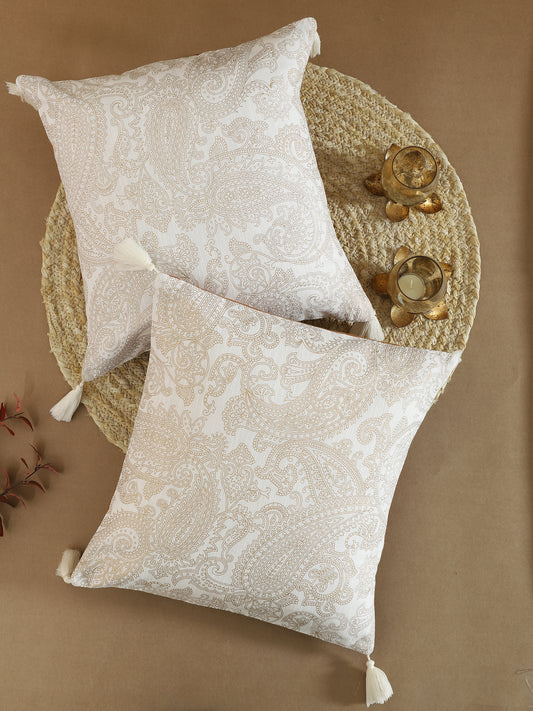 White Cotton Paisley Printed Cushion Cover Set Of 2