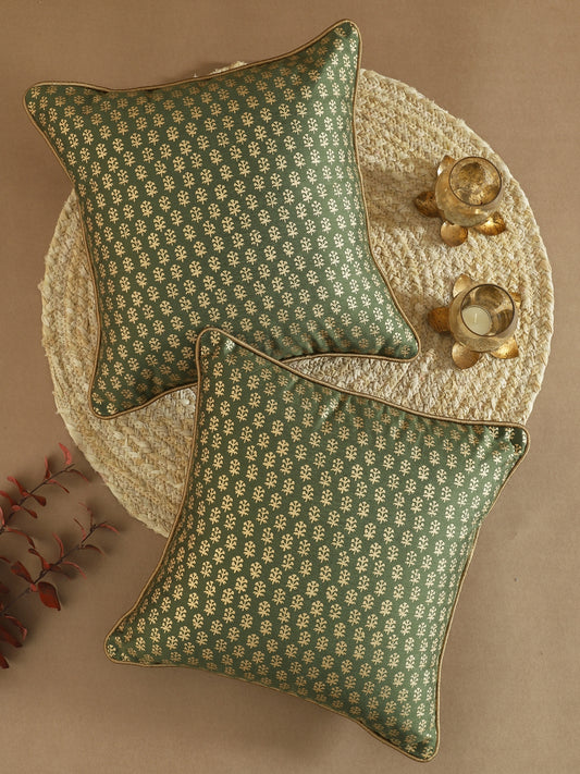Green Poly Dupain Leaf Printed Cushion Cover Set Of 2