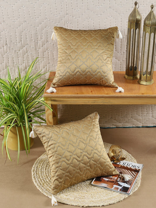 Golden Poly Dupain Quilted Embroidery Cushion Cover Set Of 2
