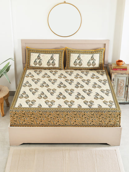 Yellow Cotton Paisley Printed Bedsheets For Double Bed Queen Size