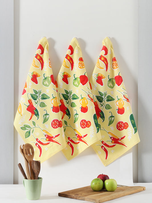 Yellow Cotton Vegie Printed Kitchen Towel Set Of 3