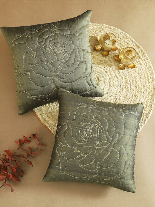 Olive Poly Dupain Rose Quilted Cushion Cover Set Of 2